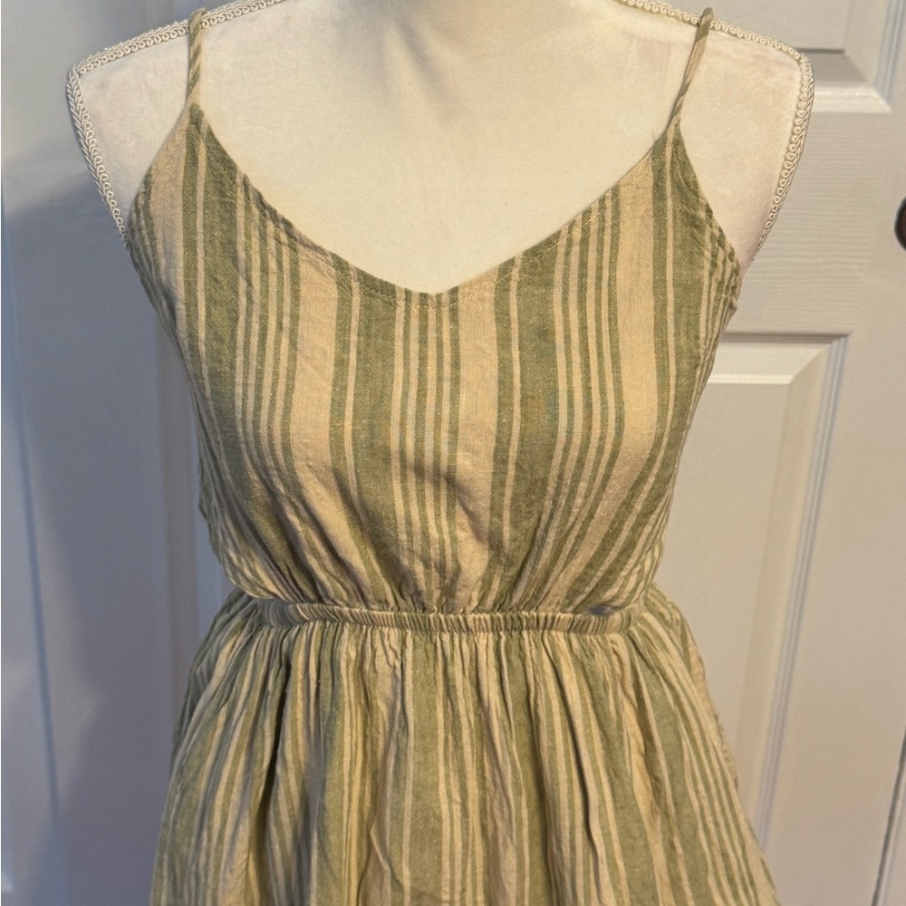 American Eagle Outfitters Green Beige Striped  Summer Cutout Midi Bow Dress - Picture 5 of 10